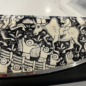 Pineda Covalin Clutch/Purse Flap Over Clutch Silk Leather Black White Pattern